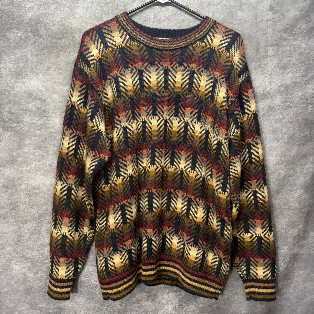 Vintage Peruvian Fashion Hand Knit Alpaca Blend Sweater Mens M Brown Geometric